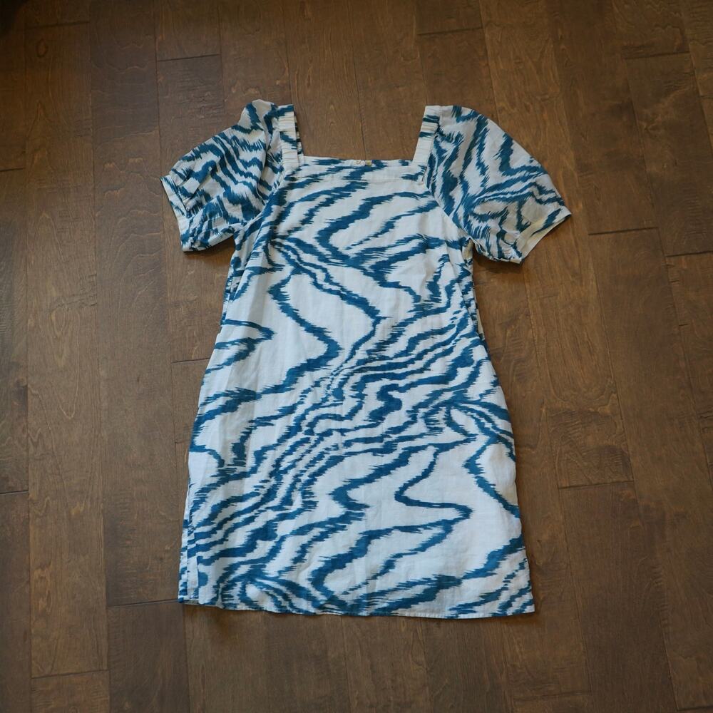 Tori Richard Blue White Ikat Print Square Neck Mini Dress L 100% Cotton